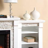 Gallatin Electric Fireplace w/ Bookcases – White w/ White Faux Stone