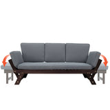 Outdoor Adjustable Patio Wooden Daybed Sofa Chaise Lounge with Cushions for Small Places, Brown Finish+Gray Cushion