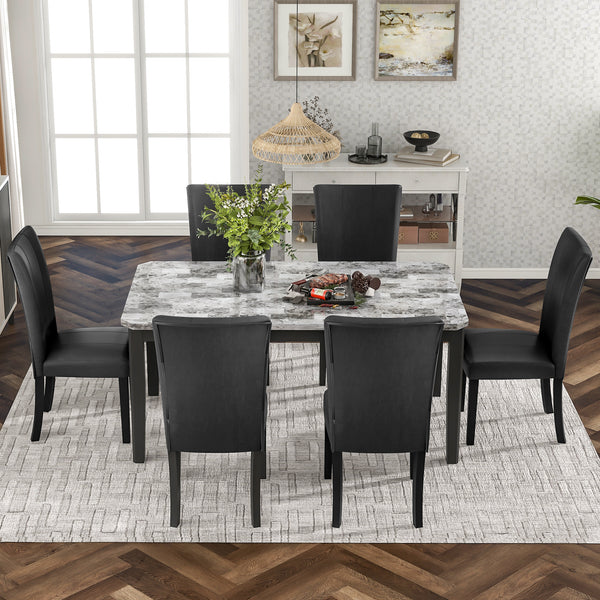 7-piece Dining Table Set with 1 Faux Marble Top Table and 6 Seats