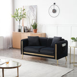 Modern Black Velvet Loveseat Sofa, Side Pocket Mid-Century Tufted, Gold Metal Legs
