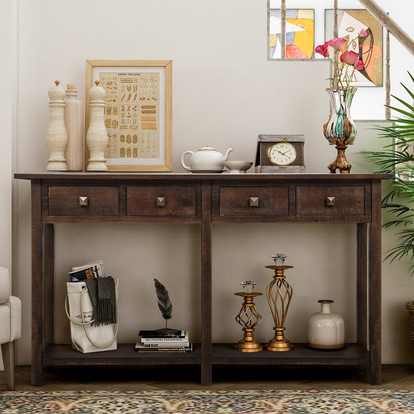 TREXM Rustic Brushed Texture Entryway Table Console Table with Drawer and Bottom Shelf for Living Room（Espresso）