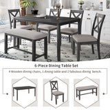 6-Piece Kitchen Dining Table Set Wooden Rectangular Dining Table, 4 Fabric Chairs and Bench Family Furniture (Grey)
