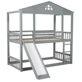 Twin over Twin House Bunk Bed with Convertible Slide and Ladder,Converts into 2 Separate Platform Beds,Gray