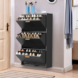 3 Drawer All Steel Shoe Cabinet, Freestanding Shoe Rack Storage Organizer with Flip Door, Modern Tipping Bucket Shoe Cabinet for Entryway, Hallway, Bedroom, Black