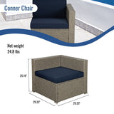 Outdoor Garden Patio Furniture 8-Piece Gray Mix Yellow Rattan Wicker Sectional Navy Cushioned Sofa