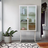 WHITE Tall Freestanding Display Cupboard Stylish Fluted Glass Storage Cabinet with Glass Doors Three Detachable Shelves Bottom Space for Office Dining Room Living Room Bedside Entryway
