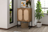 Natural rattan，Allen 2 Door high cabinet，rattan，Built-in adjustable shelf，Easy Assembly，Free Standing Cabinet for Living Room Bedroom