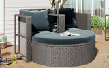 2-Piece All-Weather Wicker Conversation Set Rattan Sofa Set Outdoor Patio Half-moon Sectional Furniture Set w/ Side Table for Umbrella, Gray Rattan+Gray Cushion