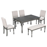 6-Piece Wood Dining Table Set Rectangular Table with Turned Legs, 4 Upholstered Chairs and Bench for Dining Room
