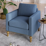Classic Linen Armchair Accent Chair with Bronze Nailhead Trim Wooden Legs Single Sofa Couch for Living Room, Bedroom, Balcony, Navy Blue