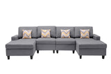 Gray Linen Fabric 4Pc Double Chaise Sectional Sofa with Pillows and Interchangeable Legs