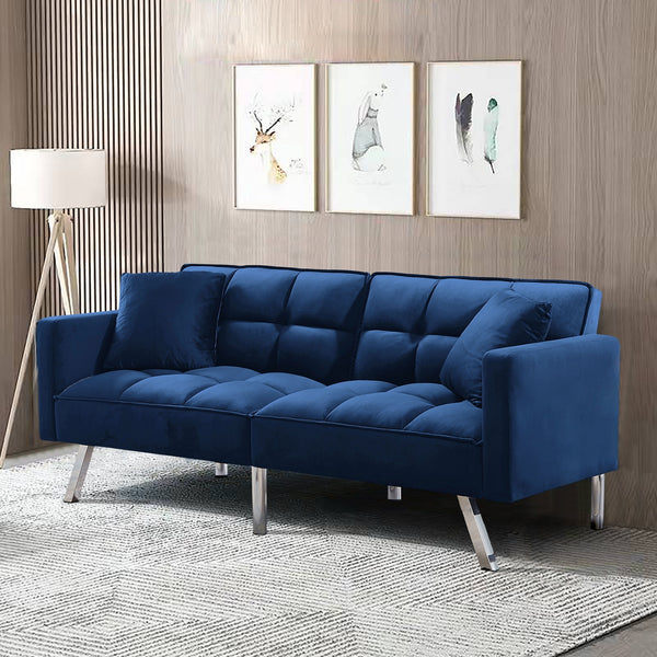 FUTON SOFA SLEEPER NAVY BLUE VELVET WITH 2 PILLOWS（same as W223S01432、W223S00357。Size difference, See Details in page.）