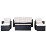 6-piece All-Weather Wicker rattan Patio Outdoor Dining Sectional Set with coffee table, wicker sofas, ottomans, removable cushions (Black wicker, Beige cushion)