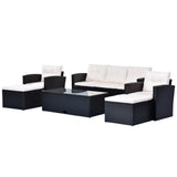 6-piece All-Weather Wicker PE rattan Patio Outdoor Dining Sectional Set with coffee table, wicker sofas, ottomans, removable cushions (Black wicker, Beige cushion)