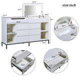 Modern Dresser with Flip Mirror and Metal leg,Storage Cabinet with 8 Drawers and 4 Open Shleves,White