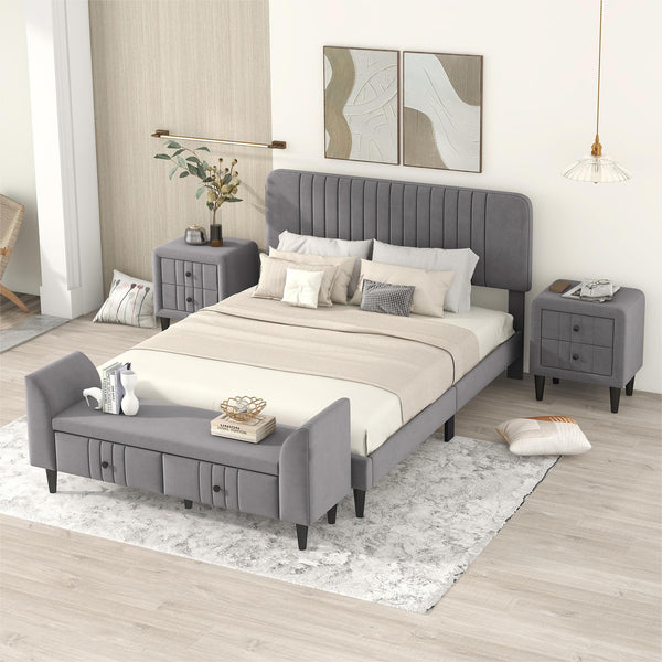 Queen 4-Piece Bedroom Set Upholstered Platform Bed with Two Nightstands and Storage Bench