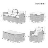 Wicker PE rattan Patio Outdoor Dining Conversation Sectional Set with coffee table, wicker sofas, ottomans,  removable cushions (Dark grey wicker, Light grey cushion)
