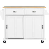White Kitchen Island Cart with Rubber wood Drop-Leaf Countertop, adjustable height