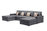 Gray Linen Fabric 4Pc Double Chaise Sectional Sofa with Pillows and Interchangeable Legs