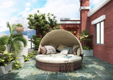Patio Furniture Round Outdoor Sectional Sofa Set Rattan Daybed Sunbed with Retractable Canopy, Separate Seating and Removable Cushion (Beige)