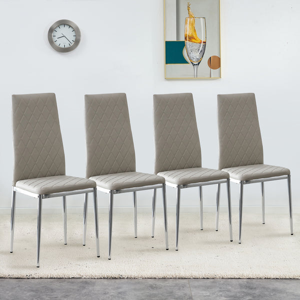 Grid Shaped Armless High Back Dining Chair, 4-piece set, Office Chair. Applicable to DiningRoom, Living Room, Kitchen and Office.Grey Chair and Electroplated Metal Leg