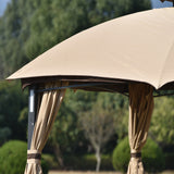 Outdoor Double Vents Gazebo Patio Metal Canopy with Screen and LED Lights for Backyard, Poolside, Brown