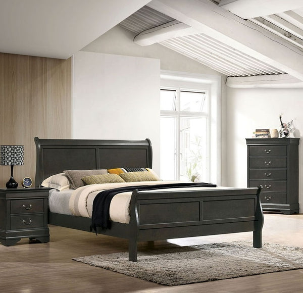 Classic Contemporary Eastern King Size Bed Gray Louis Phillipe Solidwood 1pc Bed Bedroom Sleigh Bed