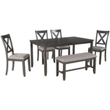 6-Piece Kitchen Dining Table Set Wooden Rectangular Dining Table, 4 Fabric Chairs and Bench Family Furniture (Grey)
