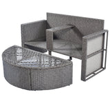 2-Piece All-Weather Wicker Conversation Set Rattan Sofa Set Outdoor Patio Half-moon Sectional Furniture Set w/ Side Table for Umbrella, Gray Rattan+Gray Cushion