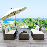 5-Piece Patio Rattan PE Wicker Furniture Corner Sofa Set, with 2 Sofa chairs, 1 Corner chair, 1 ottoman and 1 glass coffee table, Sectional Sofa Chair, Seating, Lying(Black Wicker, Beige Cushion)