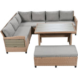 5-Piece Outdoor Patio Rattan Sofa Set, Sectional PE Wicker L-Shaped Garden Furniture Set with 2 Extendable Side Tables, Dining Table and Washable Covers for Backyard, Poolside, Indoor