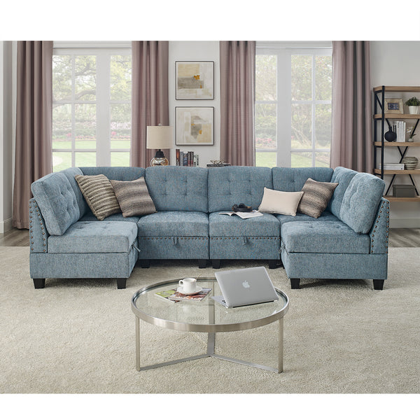 U shape Modular Sectional Sofa，DIY Combination，includes Four Single Chair and Two Corner，Navy Chenille