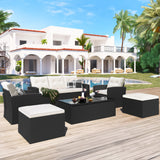 6-piece All-Weather Wicker PE rattan Patio Outdoor Dining Sectional Set with coffee table, wicker sofas, ottomans, removable cushions (Black wicker, Beige cushion)