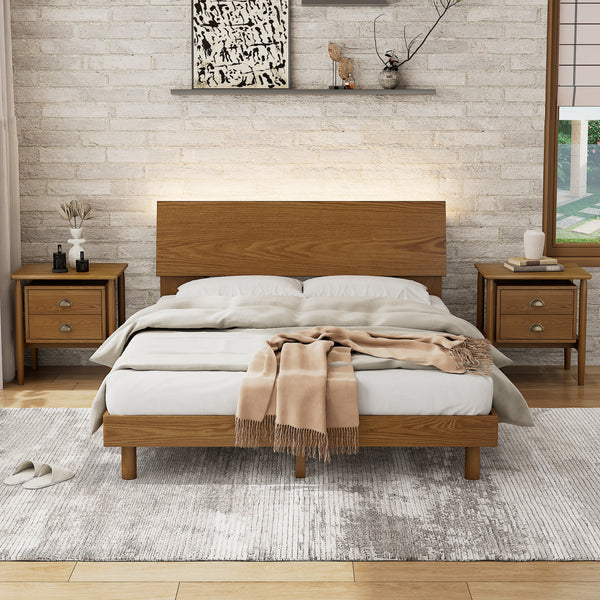 Queen 3 Piece Bedroom Set Mid Century Platform Bed with Bookshelf