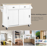 White Kitchen Island Cart with Rubber wood Drop-Leaf Countertop, adjustable height
