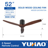 YUHAO 52 In.Solid Wood Blade Low Profile Ceiling Fan without Light