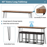 4 Pieces Counter Height Extra Long Dining Table Set with 3 PU Stools Bar Kitchen Table Set Console Table, Rustic Brown Table+Black Stool