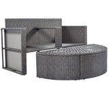 2-Piece All-Weather Wicker Conversation Set Rattan Sofa Set Outdoor Patio Half-moon Sectional Furniture Set w/ Side Table for Umbrella, Gray Rattan+Gray Cushion