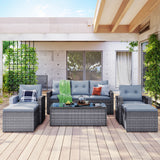 Wicker PE rattan Patio Outdoor Dining Conversation Sectional Set with coffee table, wicker sofas, ottomans,  removable cushions (Dark grey wicker, Light grey cushion)