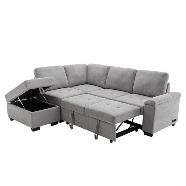 Gray Sleeper Sectional Sofa L-Shape Corner Couch