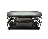 Cocktail Table, Glass table top, MDF W/marble paper middle shelf, powder coat finish metal legs.