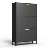 3 Drawer All Steel Shoe Cabinet, Freestanding Shoe Rack Storage Organizer with Flip Door, Modern Tipping Bucket Shoe Cabinet for Entryway, Hallway, Bedroom, Black