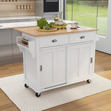 White Kitchen Island Cart with Rubber wood Drop-Leaf Countertop, adjustable height