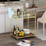 Serving cart， Rolling Bar or Cart for Tea or Cocktail, 2-Tiered Glass and Metal, golden