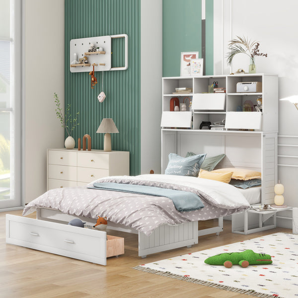 Queen Size Murphy Bed with Bookcase, Bedside Shelves