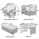 5-Piece Outdoor Patio Rattan Sofa Set, Sectional PE Wicker L-Shaped Garden Furniture Set with 2 Extendable Side Tables, Dining Table and Washable Covers for Backyard, Poolside, Indoor