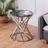 Set of 1 Round Glass Top Side Table for Living Room- Black Grey Tempered Glass & Silver Stainless Steel Frame, 19.5" Modern Spiral Center Table Small Coffee Table End Table for Bedroom Guestroom