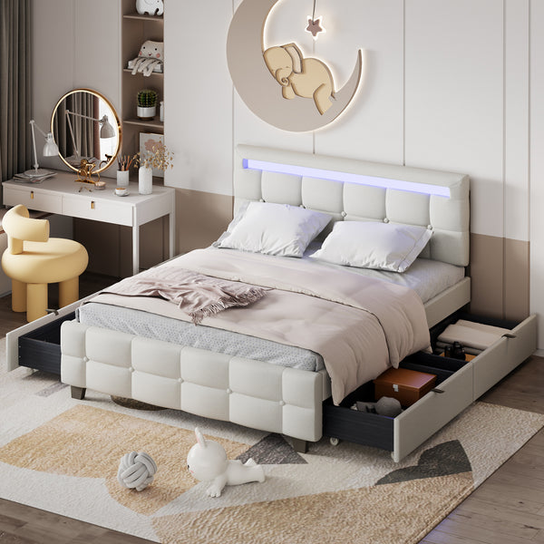 Queen Size Upholstered Platform Bed with LED Frame and 4 Drawers, Linen Fabric