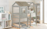 Twin Over Twin Bunk Bed Wood Loft Bed with Roof, Window, Guardrail, Ladder (Antique Gray )