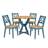 TOPMAX Mid-Century 5-Piece Round Dining Table Set with Trestle Legs and 4 Cross Back Dining Chairs, Antique Oak+Antique Blue